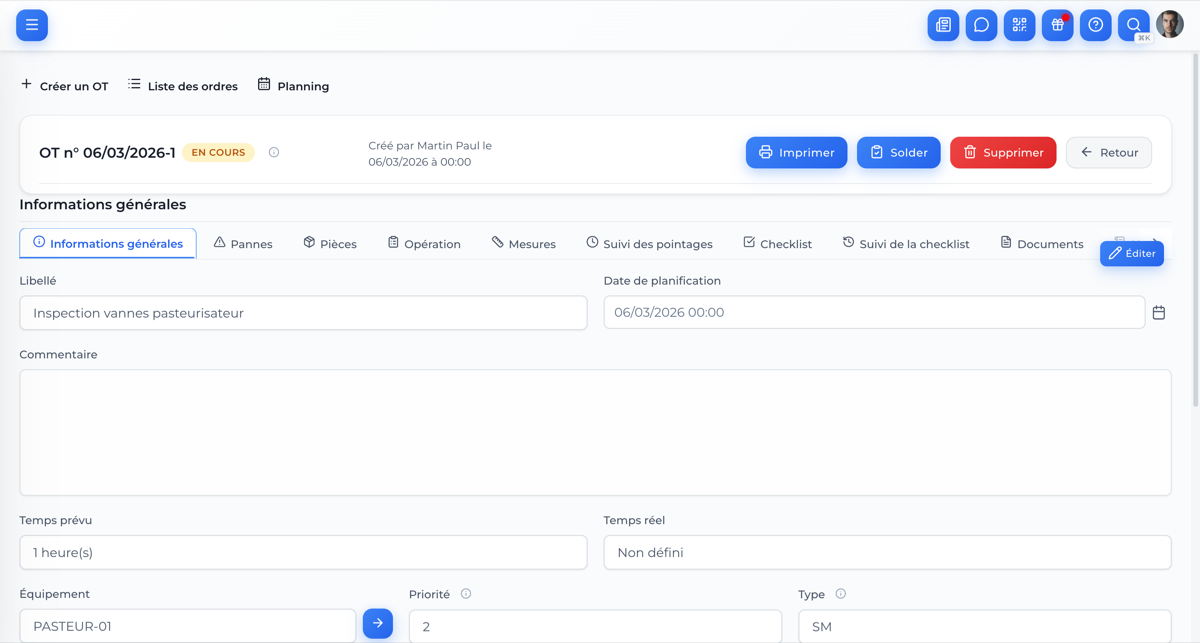 Detail d'un ordre de travail OPTIMa - inspection vannes pasteurisateur